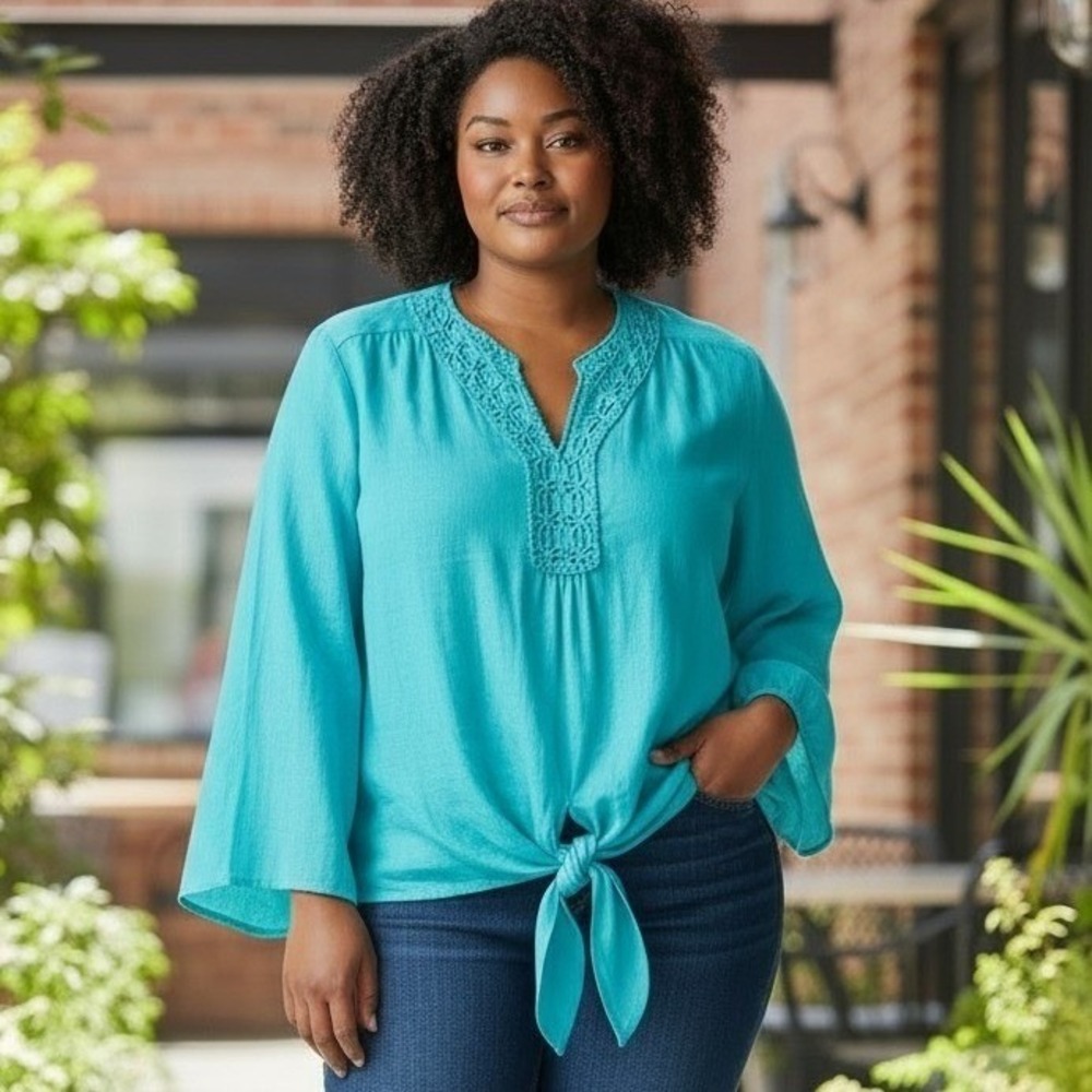 IN Studio Womens Turquoise Crochet V-Neck Tie Front Bell Sleeve Blouse Large